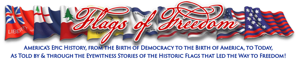 Flags of the Revolution Montage Website Logo Header-with-Slogan Flags of Freedom Text Logo in Gold